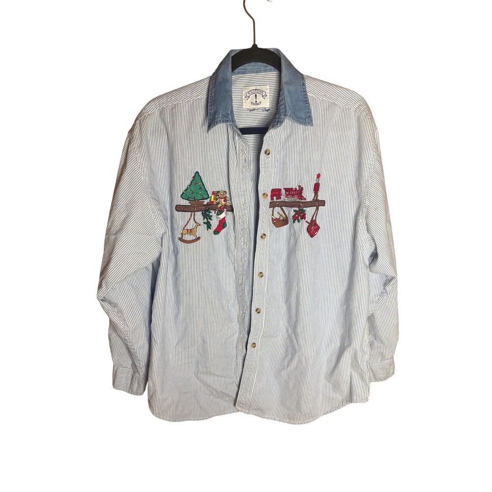 Solutions Original Christmas Embroidered Striped Shirt Denim Collar Large Cotton